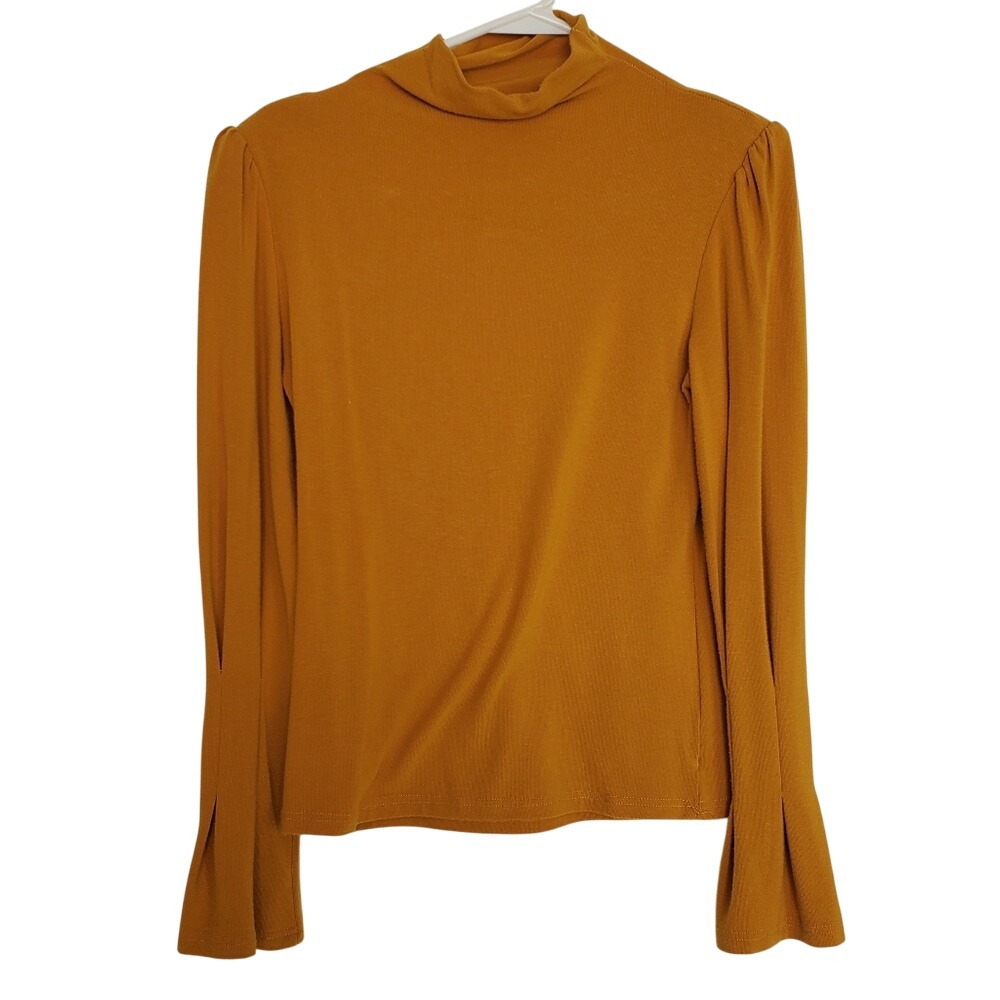 Gold‎ Mock Neck Sweater Long Bell Sleeve Lightweight Ruffled Basic Stretch Sm